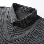 Men's Fleece-Lined Knit Pullover – Striped Polo Neck Sweater