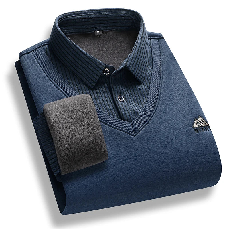 Men's Fleece-Lined Knit Pullover – Striped Polo Neck Sweater