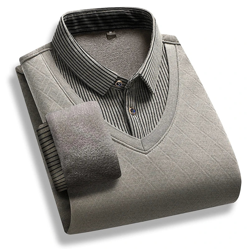 Men's Fleece-Lined Knit Pullover – Striped Polo Neck Sweater