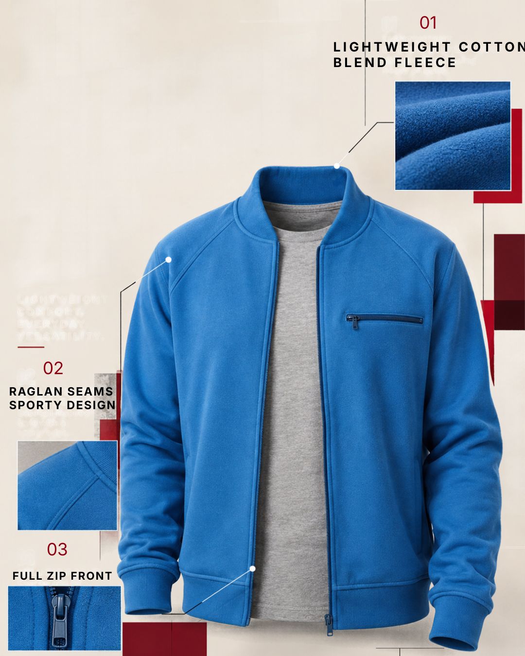Men's Zip-Up Baseball Fleece Jacket — Lightweight Cotton Blend