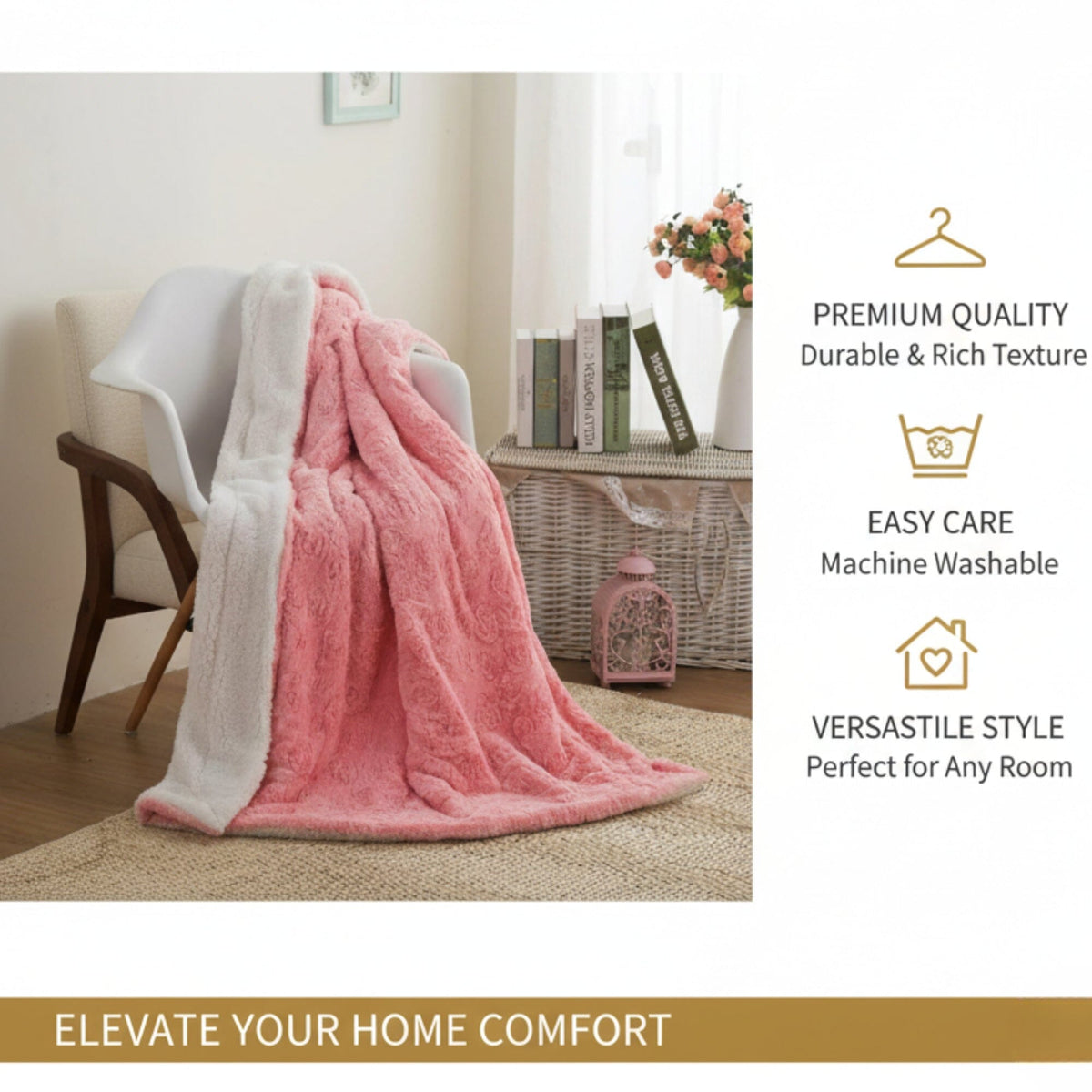 Rose Buds Sherpa Throw Blanket – Pink Floral, Reversible