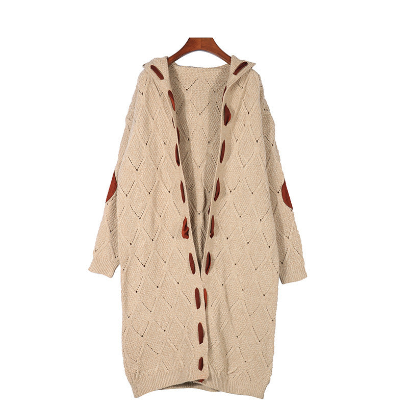 Women's Long Open-Front Knit Cardigan – Contrast Patchwork