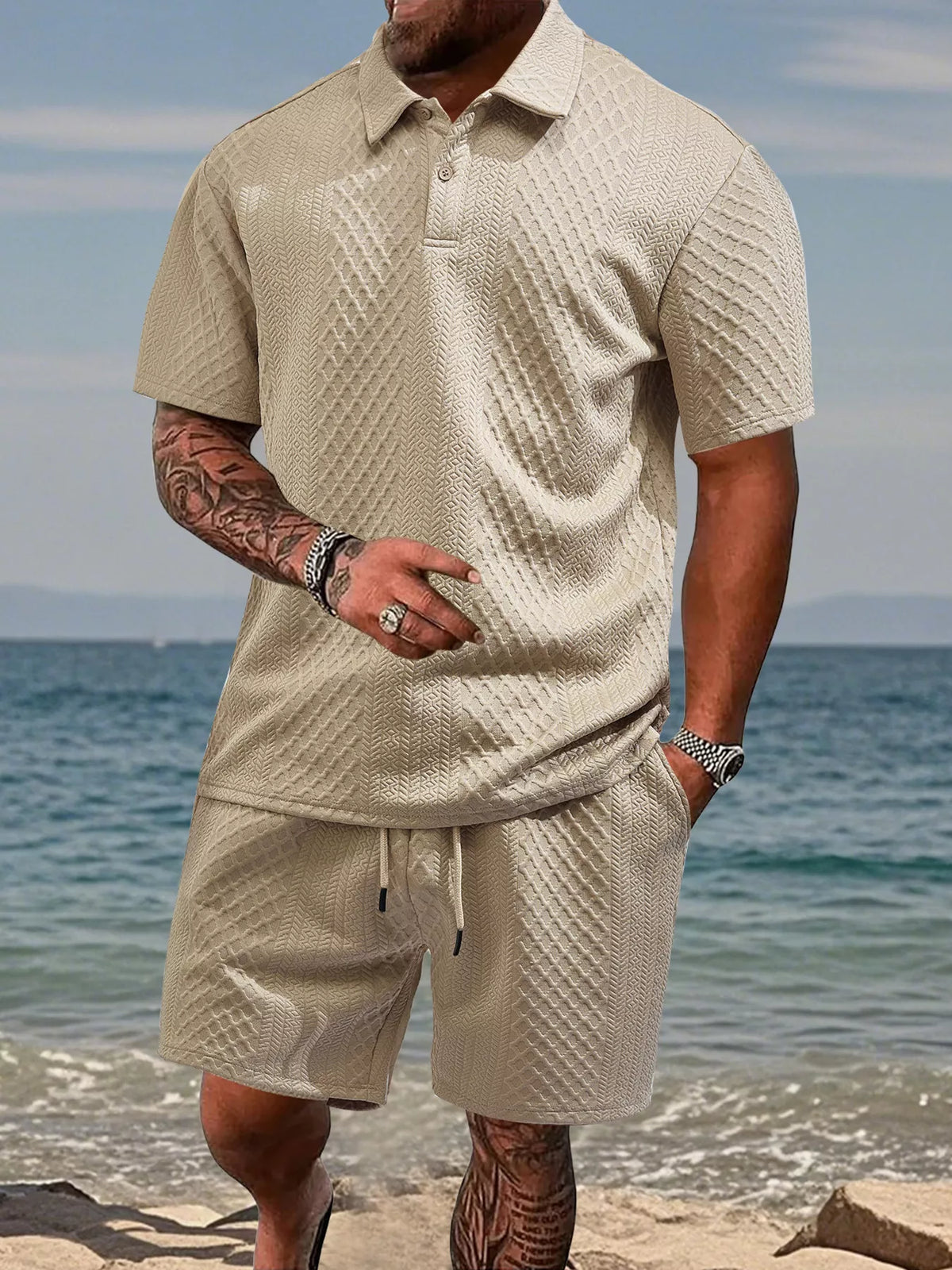 Men's Textured Knit Polo & Shorts Set — view 2