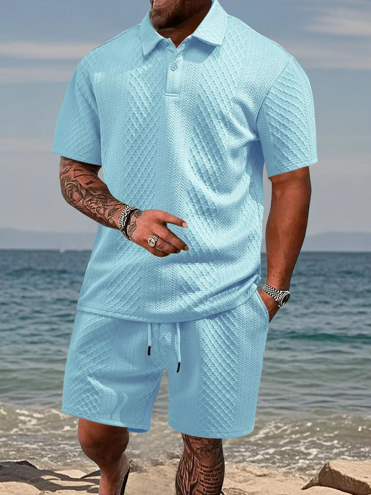 Men's Textured Knit Polo & Shorts Set — view 3