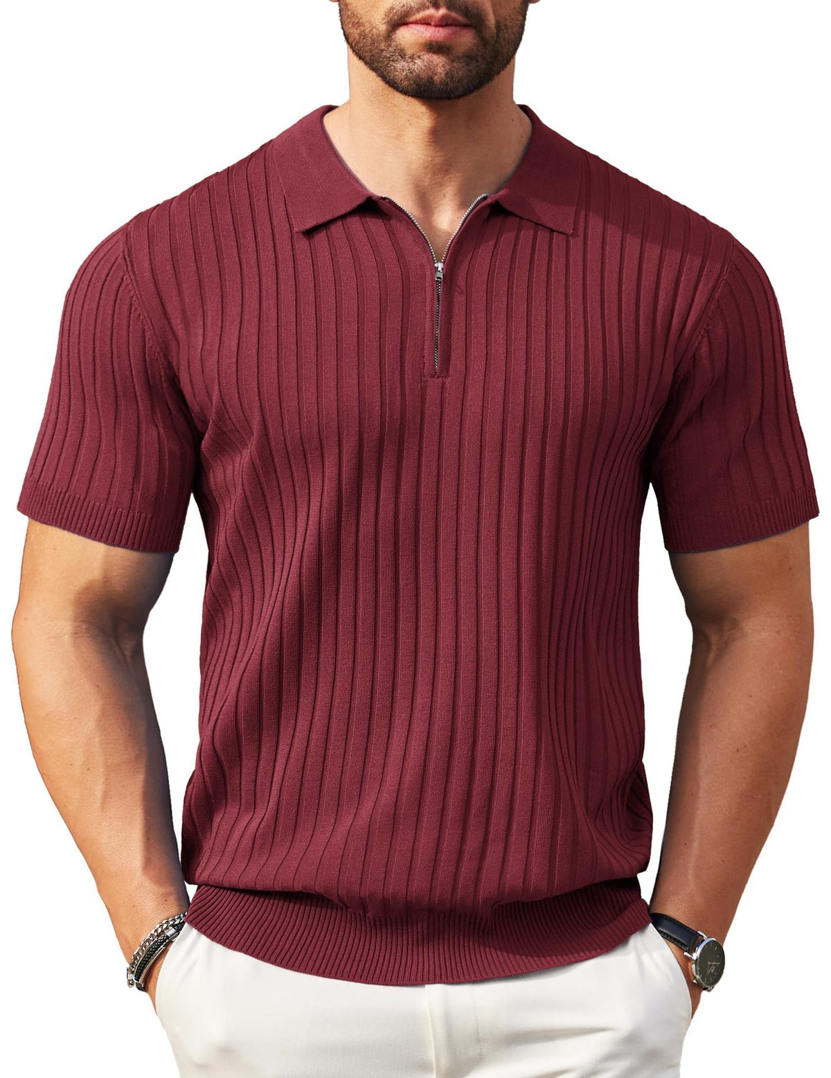 Men's Zip-Up Short-Sleeve Polo Shirt – Rib-Knit — view 9
