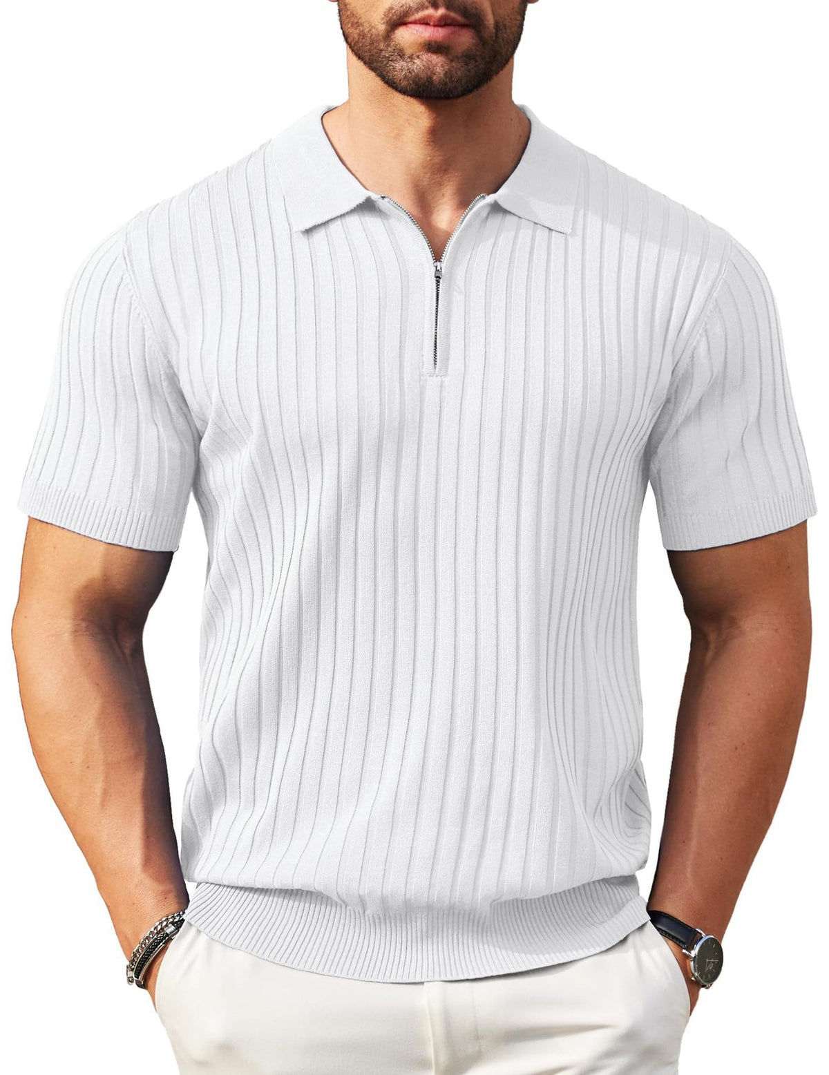 Men's Zip-Up Short-Sleeve Polo Shirt – Rib-Knit — view 8