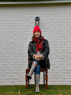 Scarlet red cuffed pom pom beanie, view 3