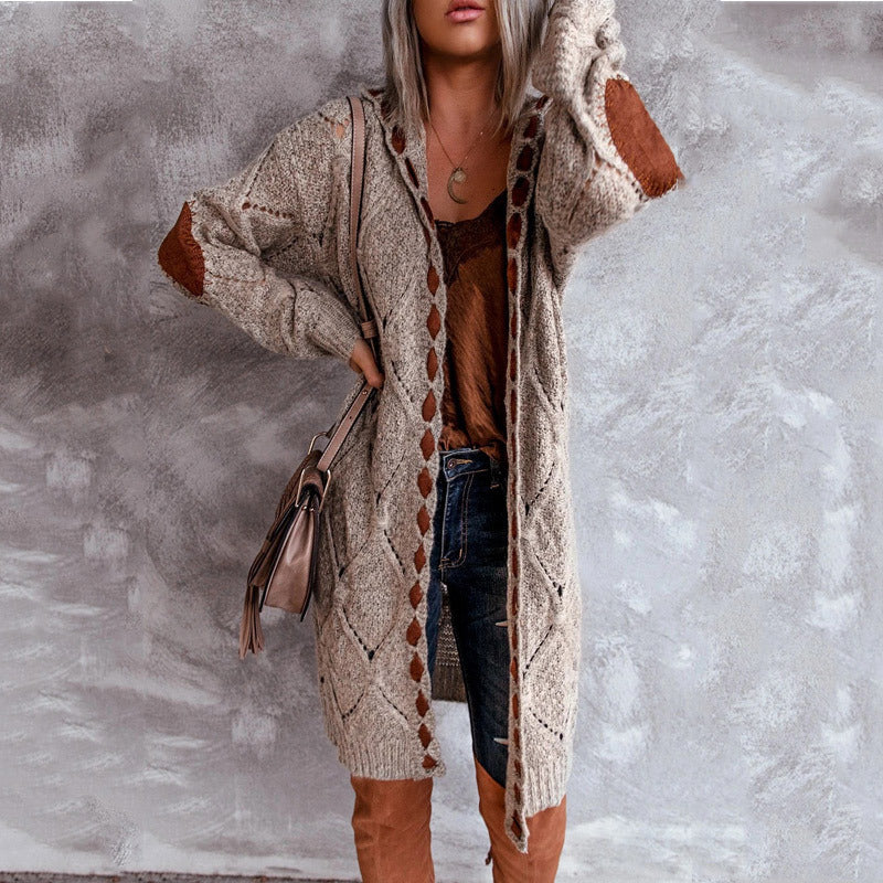 Women's Long Open-Front Knit Cardigan – Contrast Patchwork