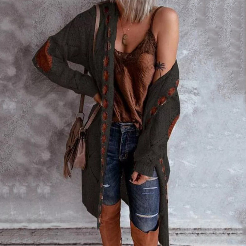 Women's Long Open-Front Knit Cardigan – Contrast Patchwork
