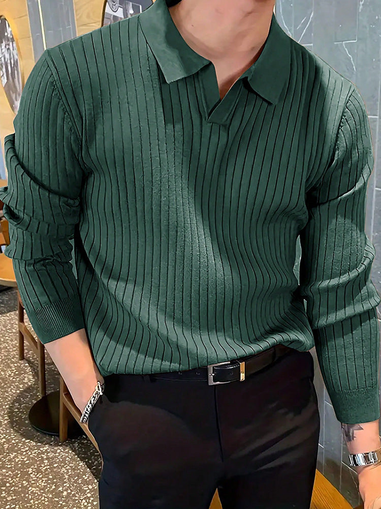 Men's Slim Knit Polo Shirt – Waffle Lapel Texture, Long Sleeve