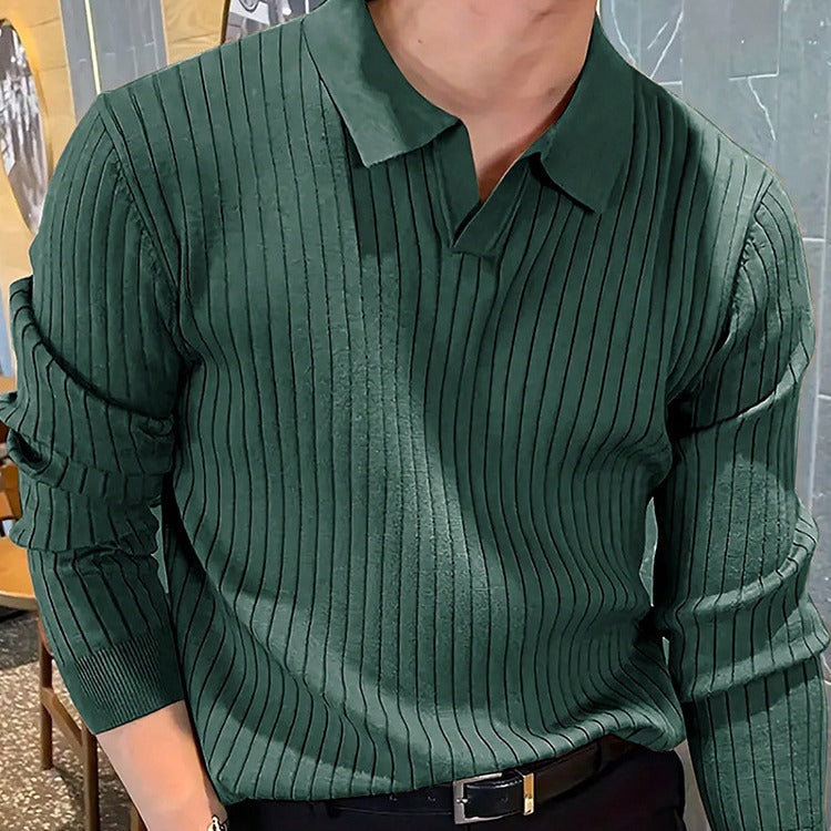 Men's Slim Knit Polo Shirt – Waffle Lapel Texture, Long Sleeve