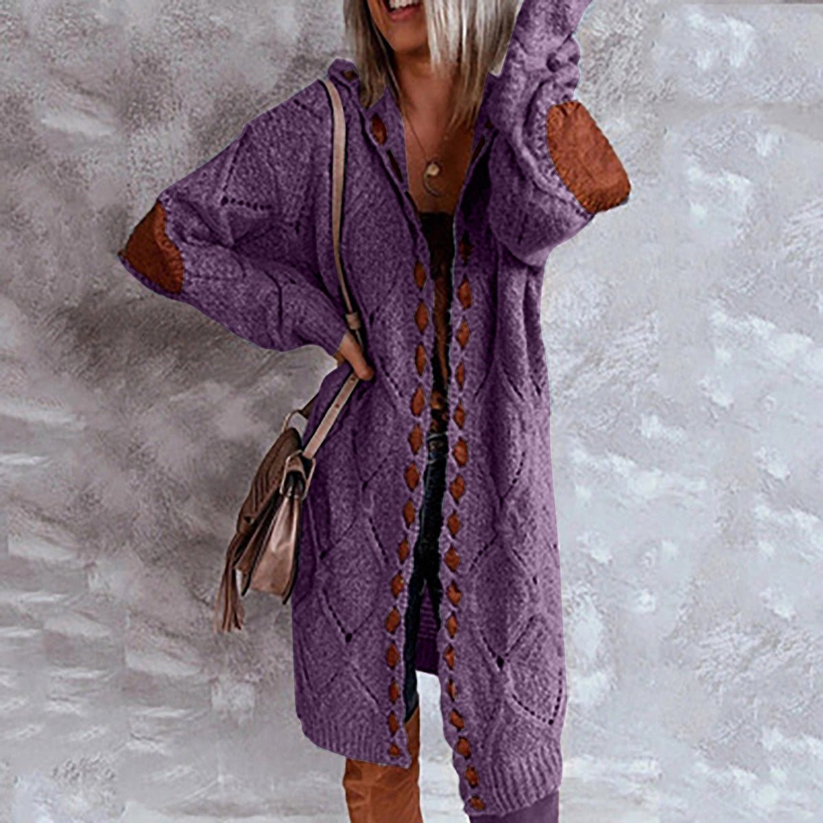 Women's Long Open-Front Knit Cardigan – Contrast Patchwork