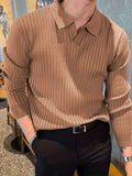 Men's Slim Knit Polo Shirt – Waffle Lapel Texture, Long Sleeve