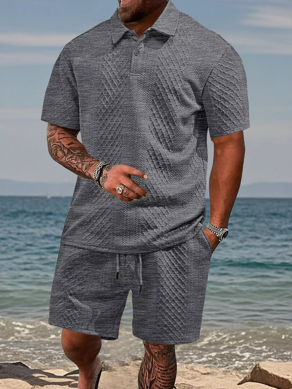 Men's Textured Knit Polo & Shorts Set — view 5