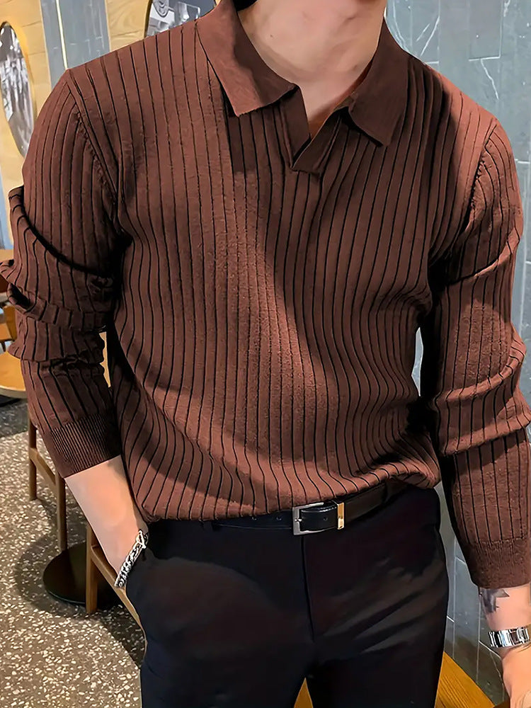 Men's Slim Knit Polo Shirt – Waffle Lapel Texture, Long Sleeve