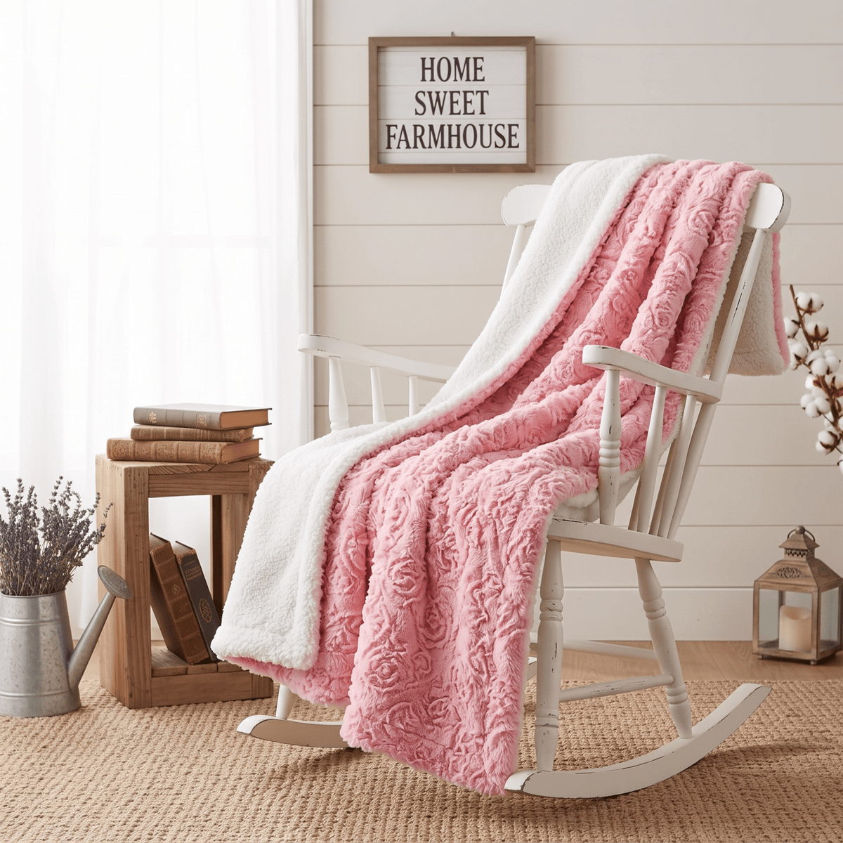 Rose Buds Sherpa Throw Blanket – Pink Floral, Reversible