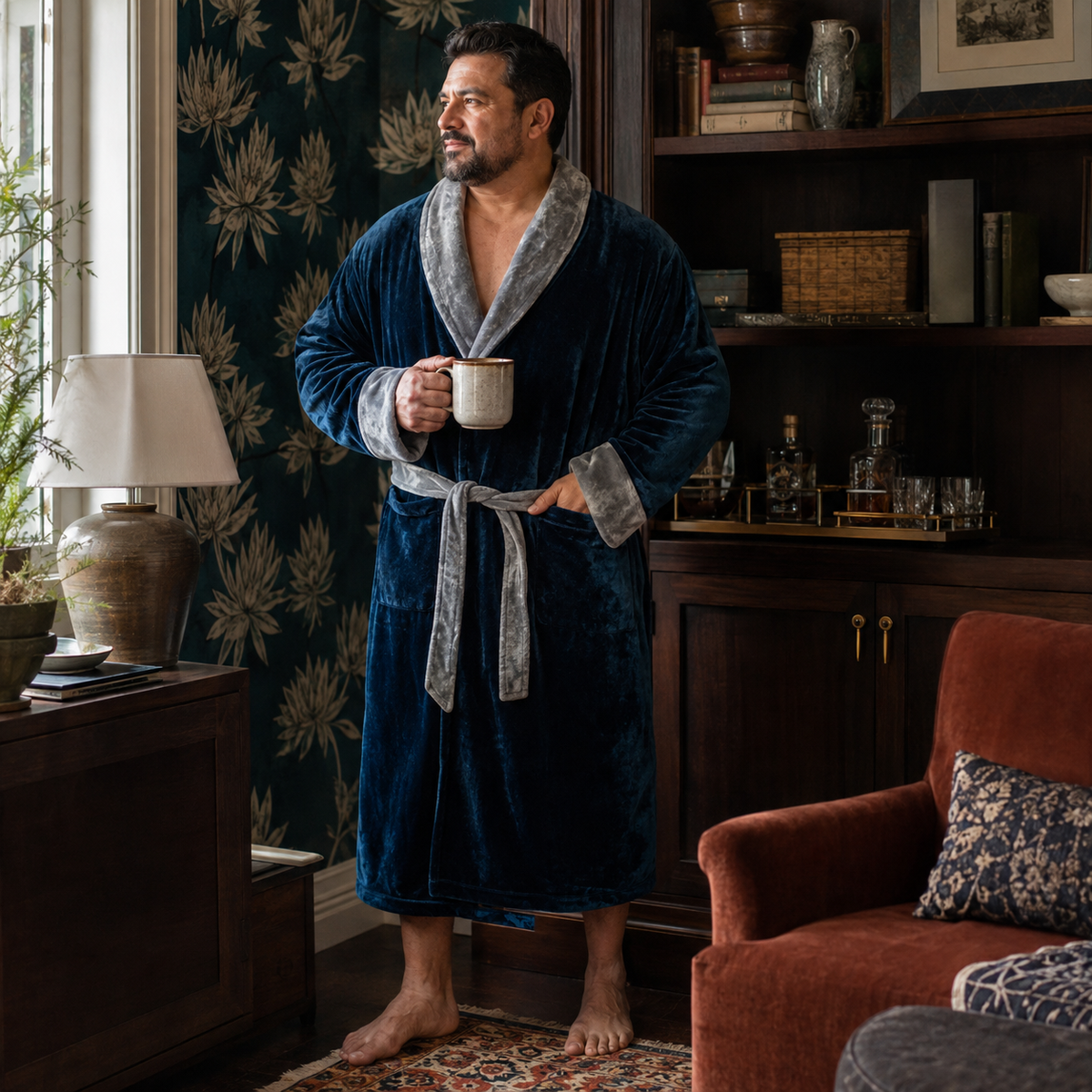 Men's plush shawl-collar robe, view 11