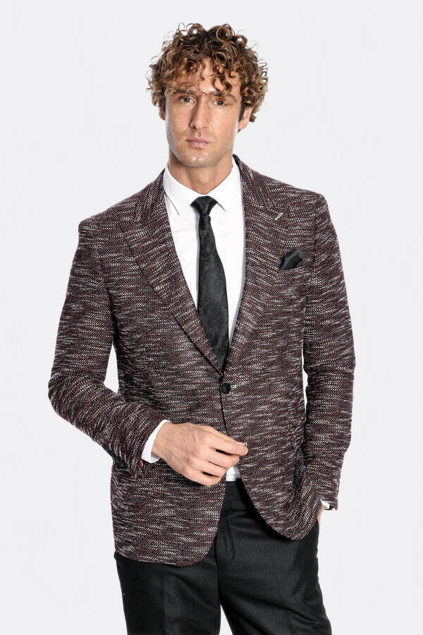Men's Slim-Fit Burgundy Patterned Blazer — view 4